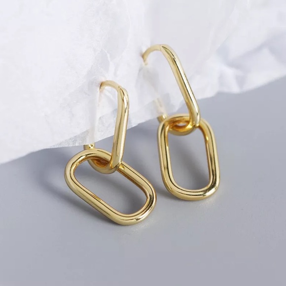 Gold Double Oval Hoop Sterling Silver Earrings - Picture 2 of 3